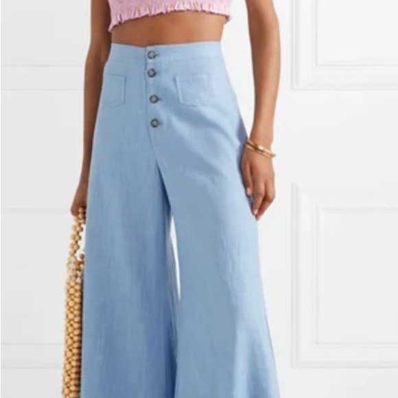 STAUD Women's Light Blue Wide-Leg Linen Pants - Picture 1 of 10